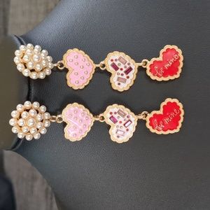 Pearl Cluster Stud With Linked Heart Enamel Earrings